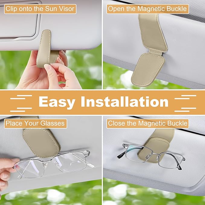 Sunglass Holder for Car, Magnetic Leather Car Sunglass Holder, Visor Sunglasses Holder Clip, Sunglasses Clip for Car Visor, Sunglass Holder for Ticket Card and Different Size Eyeglasses(1 Pack, Beige)