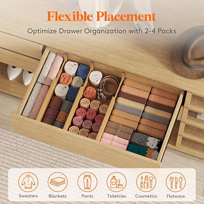 Lifewit 6" High 6 Pack Bamboo Drawer Dividers 33-42cm/13-16.5" Adjustable Wooden Drawer Organizer for Clothes/Utensils, Expandable Drawer Separator for Dresser/Kitchen/Bedroom/Office Organization