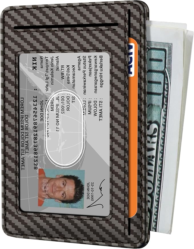 Travelambo Front Pocket Minimalist Leather Slim Wallet RFID Blocking Carbon Fiber Texture