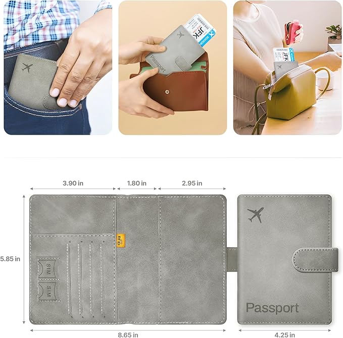 Passport Holder Cover Wallet, RFID Blocking Travel Document Organiser, Must Haves Travel Accessory, Leather Wallet Card Case – Essentials for Men & Women (Grey)