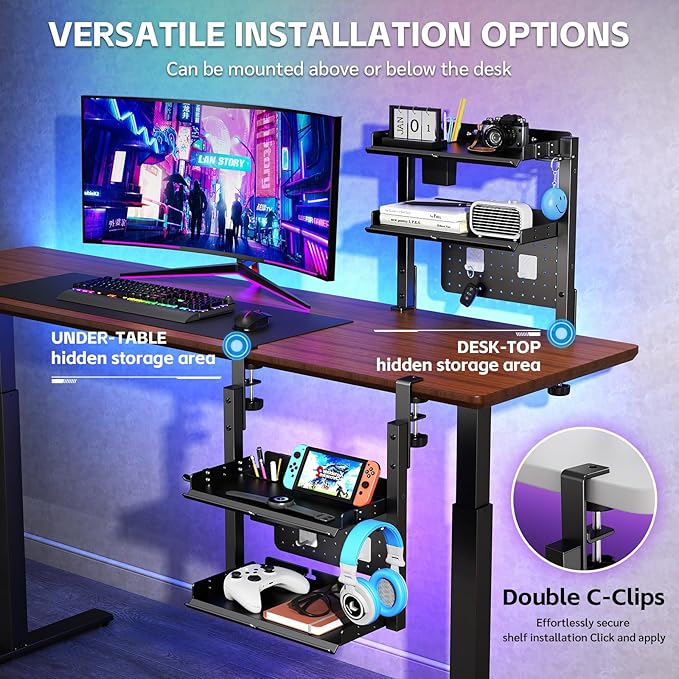 2-Tier Metal Clamp On Desk Shelf, Adjustable 16 inch Desk Storage Shelves with Pegboard and Pencil Holder,Above or Under Heavy Duty Desktop Organizer with Headphone Holder for Desk Accessories (Black)
