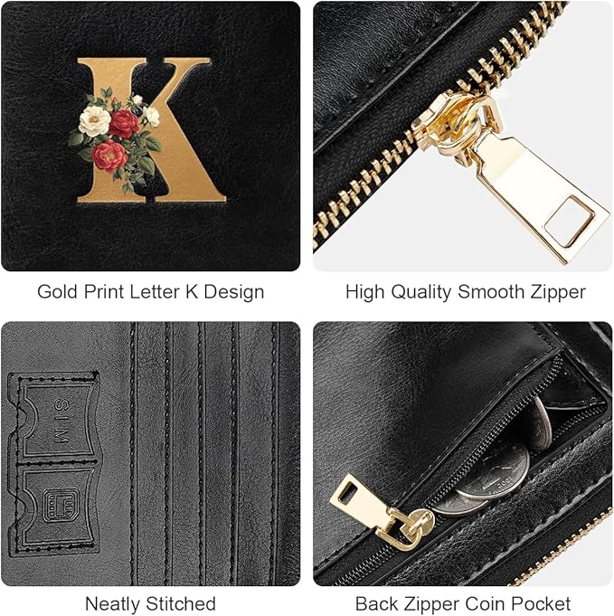 Passport Holder Cover Wallet with Zipper Personalized Initial Letter K Rose Flower RFID Blocking Travel Wallets Credit Cards Holder for Women, Gift for Wife and Girlfriend,K
