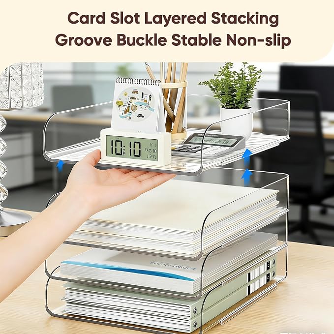 HIYOHIYO Clear Office Desktop Organization for A4 Letter Paper, 4-Tier | Vertical Style, Stackable, Large Capacity, Sturdy Office Organizer for File Folder, Stable Home Desk Holder and Storage
