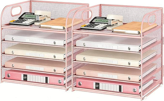 Lavatino Desk Paper Organizer with Handle, 2 Pack 5-Tier Pink Mesh Desk File Folder Holder Letter Tray Sorter Organizer for Office, Home or School