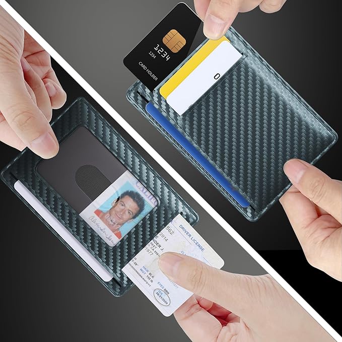 Travelambo Front Pocket Minimalist Leather Slim Wallet RFID Blocking Carbon Fiber Texture