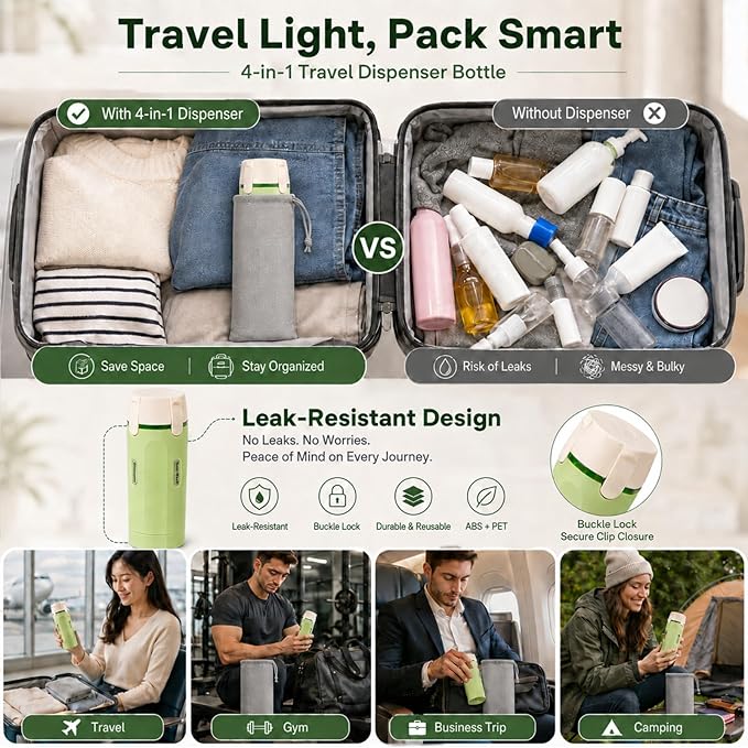 4 in 1 Travel Dispenser, Leak-Proof Travel Bottles with Storage Bag, 4 Refillable 30ml (1oz) Travel Containers for Toiletries, Portable Green Set for Shampoo, Body Wash, Lotion