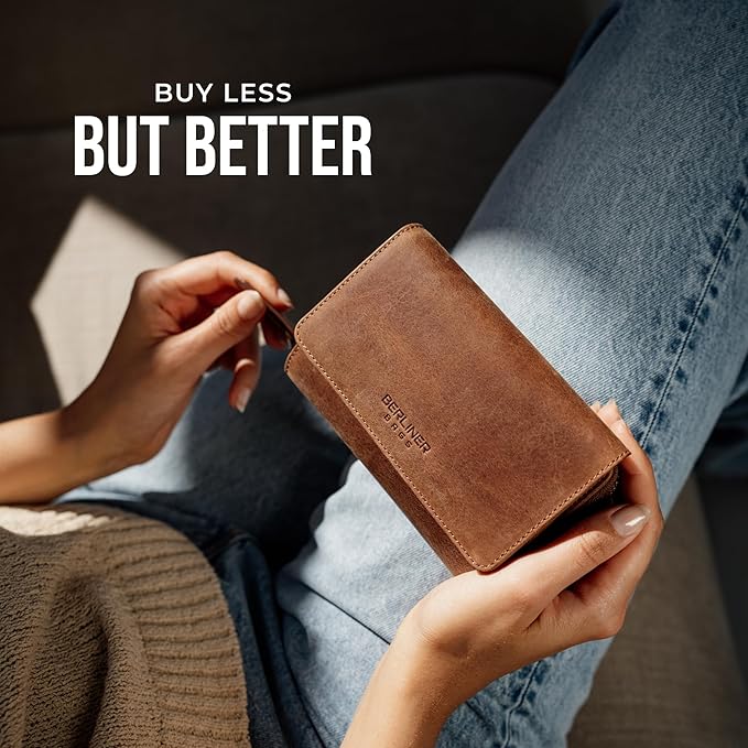 BERLINER BAGS Vintage Genuine Leather Wallet Vienna, RFID Blocking Credit Card Holder, Trifold Clutch Purses, Zip Around Womens Wallet for 19 cards, ID window, Bills, Coins - Brown