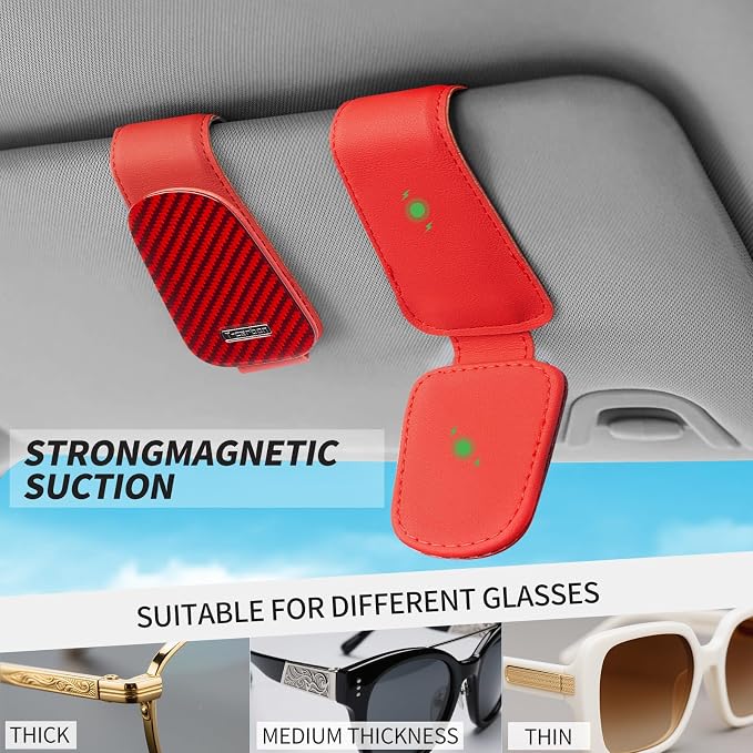 T-carbon Sunglass Holder for Car Sun Visor,Magnetic Leather Sunglasses Hanger,Glass Fiber Sunglasses Holder and Ticket Card Clip, Car Visor Accessories,Red