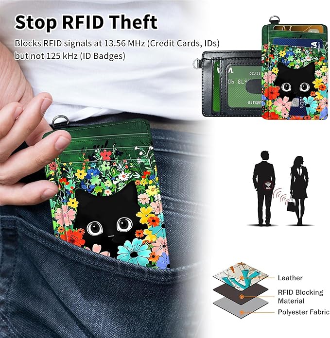 Slim Minimalist Front Pocket Wallet,Credit Card Holder Wallet for Women Men,RFID Blocking Credit Card Holder Case Leather Cute Small Thin Wallet ID Window&Wrist Strap,Cute Cat Floral
