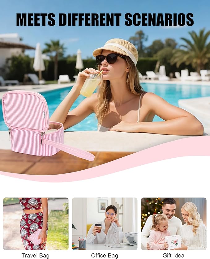 Relavel Mini Makeup Bag with Led Mirror, Small Cosmetic Bag with 3 Light Modes, Rechargeable Portable Makeup Pouch with Hands-Free Wrist Strap for Pool Parties丨Work Touch-Ups丨Travel - Pink Strip