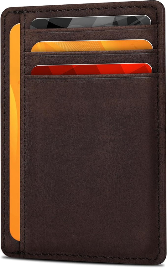 Real Leather Slim Minimalist Wallet for Men and Women -RFID Blocking Front Pocket Thin Credit Card Holder Stylish Wallets (Dark Brown)
