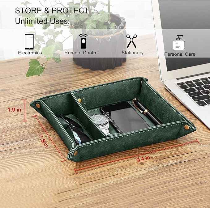 SITHON Valet Tray Desktop Storage Organizer, Removable 2 Compartments Catchall Tray Bedside Vanity Nightstand Caddy Holder Desk Storage Plate, Dark Green