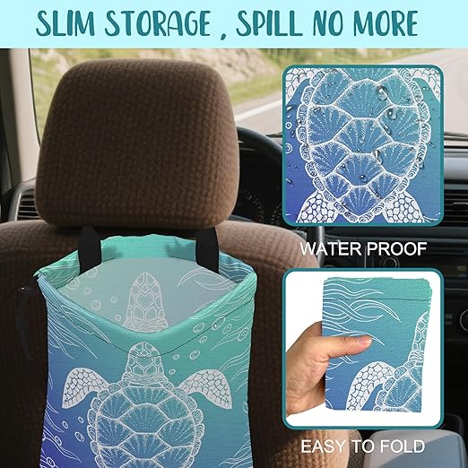 Car Trash Bag Abstract Blue Sea Turtle Hanging Drawstring Car Organizer and Storage Bag with Adjustable Buckle Canvas Garbage Bin for Back Seat or Hanging Headrest Car Decor Road Trip Essentials
