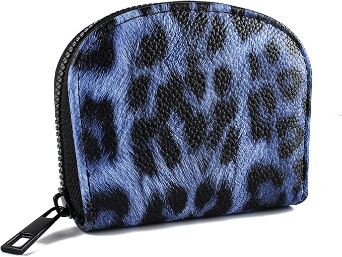 Small Zip Wallet Credit Card Wallet Coin change case Holder for women PU Leather(Navy Leopard)