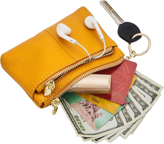 ZOOEASS Women Genuine Leather Zip Mini Coin Purse With Key Ring Triple Zipper Card Holder Wallet