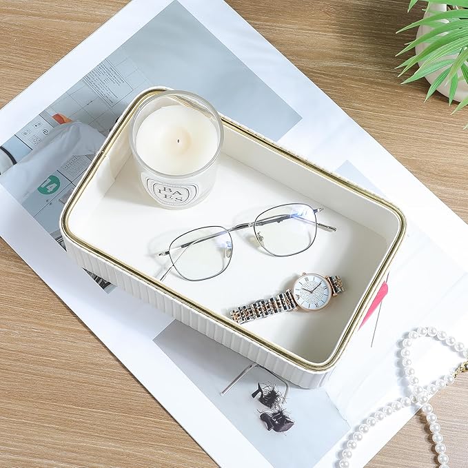 Desk Organizer Tray, PU Leather Nightstand Organizer Perfume Valet Tray for Men Women, Decorative Vanity Trays Trinket Dish Key Bowl for Entryway Table (Ivory, Small)