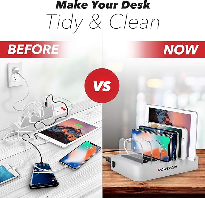 USB Charging Dock - 6-Port Universal Charging Station for Multiple Devices - Multi Device Charger Station - Compatible with Apple, iPad, iPhone, and Android Cell Phones and Tablets