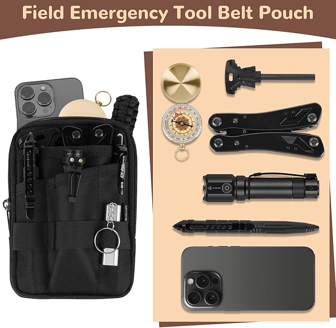 Likesing Pocket Organizer with Removable Strap, EDC Belt Organizer with 6 Pockets and 3 Slots, Small Tool Pouches EDC Pouch for Men for Small Gears Flashlight Tactical Pen Notebook Gadget Organized