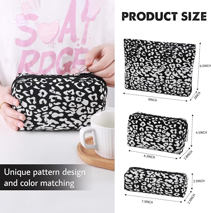 3 Pcs Makeup Bag Cosmetic Bag Set for Girls Women Travel Organizer Bathroom Toiletry Pouch Large Capacity Storage Bag (Black-2)