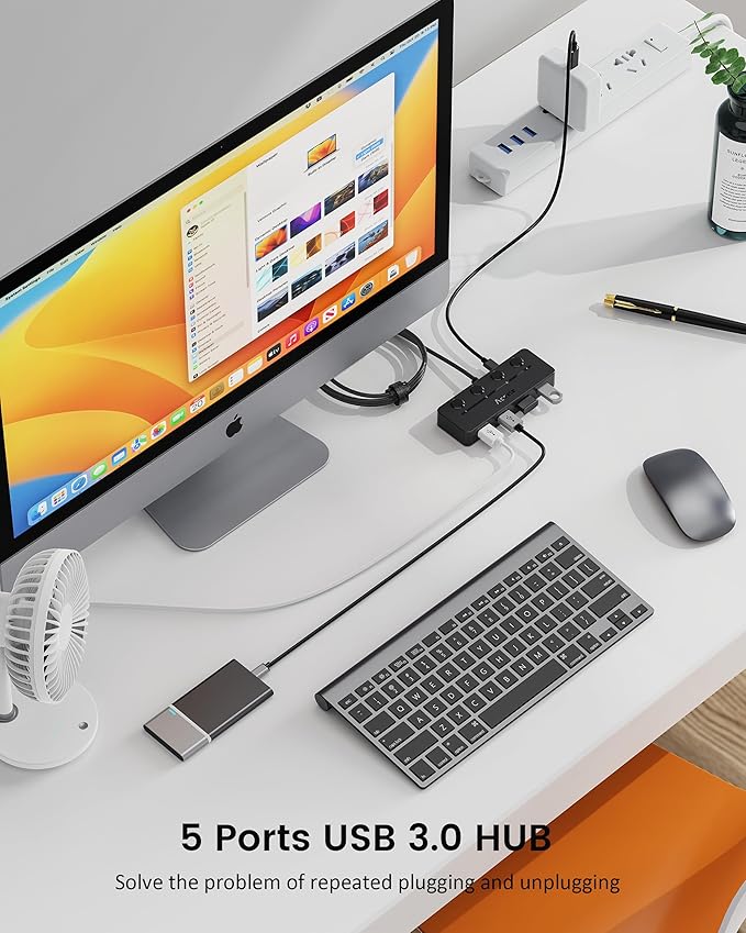 Aceele USB Hub 3.0 with Individual LED Power Switches & Type C Power Port, Multiport USB Splitter 3.0 with 4FT Long Cable, Slim & Portable USB Port Extender for Laptops, PC, MacBook, Mac Pro and More
