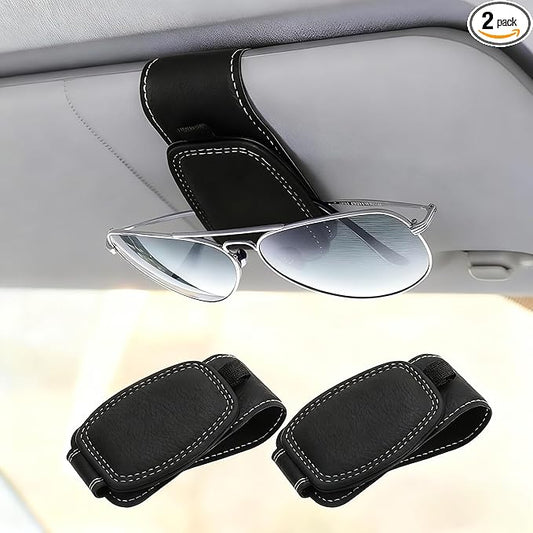 Visor Sunglasses Holder Clip for Car, Magnetic Leather Clip for Car Visor, Universal Glasses Organizer 2 Pack, Black