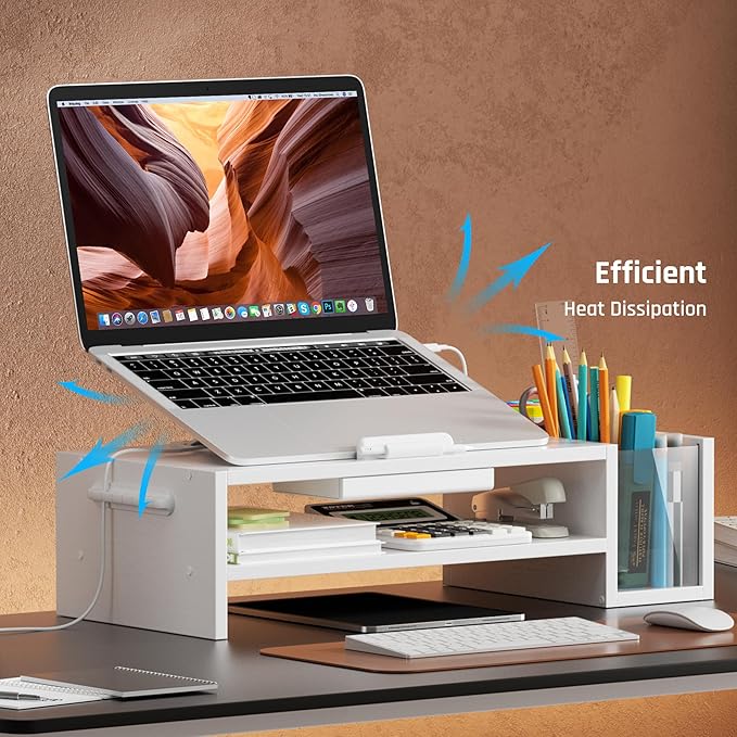 Adjustable Wood Laptop Stand, Ergonomic Height & Angle Computer Riser with Pen Holder – Compatible with MacBook Air/Pro, Dell, HP, Lenovo & 10-17.3" Notebooks – White