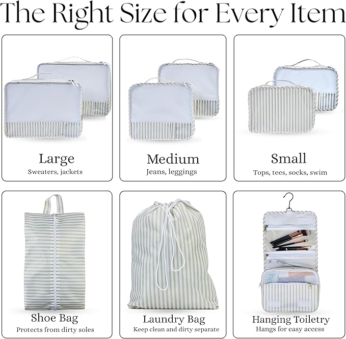 Packing Cubes Set – Cute Packing Cubes for Travel, Luggage Organizer Bags for Suitcase, For Kids & Family, Floral, Neutral & Aesthetic Travel Organizer Set -Stripe