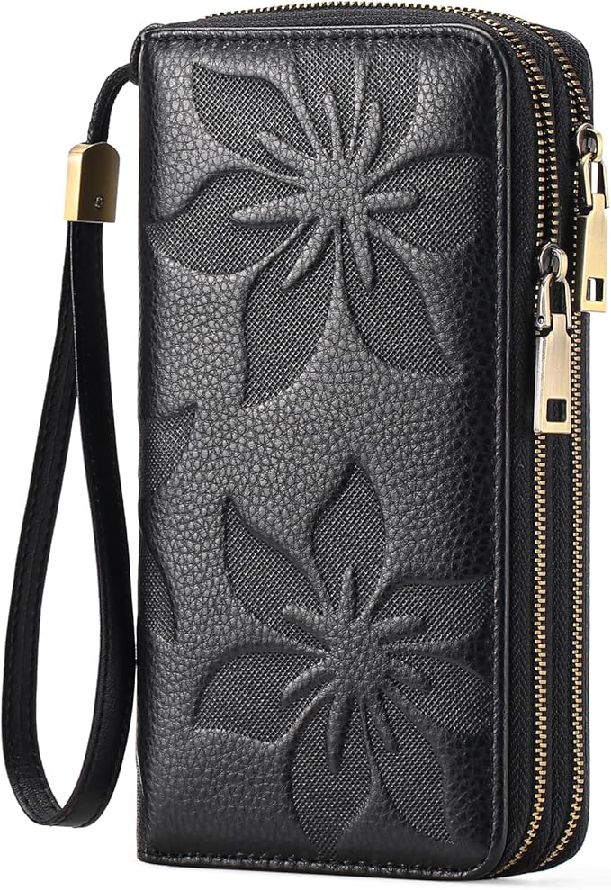 GAEKEAO Wallet for Women Clutch RFID Blocking Wristlet Leather Purse Large Capacity Credit Card Holder with Grip Hand Strap