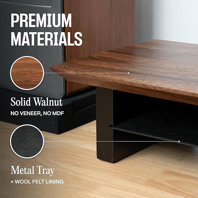 COREMINDED Solid Wood Dual Monitor Stand Riser ??43" Walnut Desk Shelf for 2 Monitors with Tray & Wool Felt, Organizer for Desktop, Laptop and Office (Walnut)