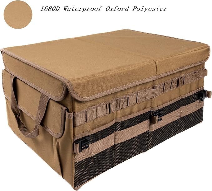 Large 70L SUV Trunk Organizer, Trunk Organizer With Lid, Foldable Cargo Storage Box, Brown, 4-Compartments With Handle,Universal for Car Sedan Truck Camping Grocery Shopping Travel