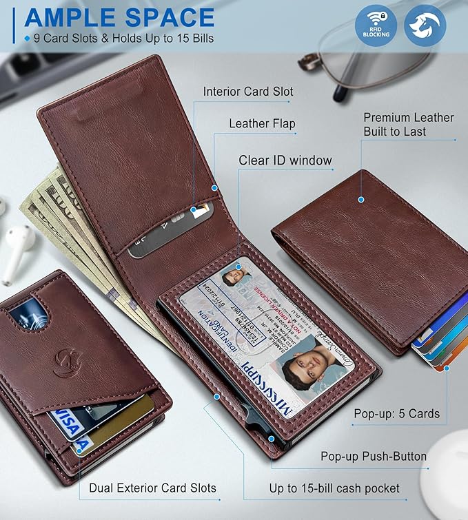 Wallet for Men, Slim Pop Up Card Holder with RFID Blocking, Minimalist Bifold Wallet with 9 Card Slots, ID Window and Cash Pocket, Metal Flip Case with Magnetic Closure, Gift Box