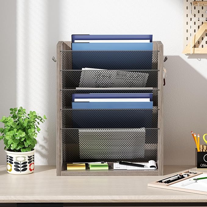 Mail Organizer Wall Mounted, 6-Tier Wall File Organizer with 2 Hooks, Wooden Desk Organizer Magazine Holder with Bottom Flat Tray, for Office Home, Greige