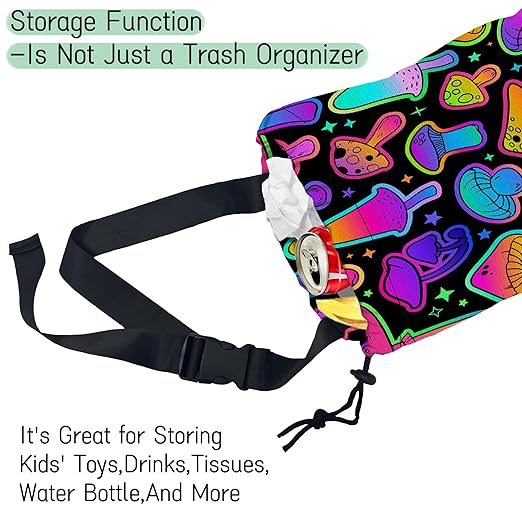 Bright Mushrooms Car Garbage Bag,Colorful Mushroom Waterproof Small Car Trash Bag Hanging Back of Seat,Drawstring Hanging Car Trash Bag with Adjustable Buckle for Car Accessories