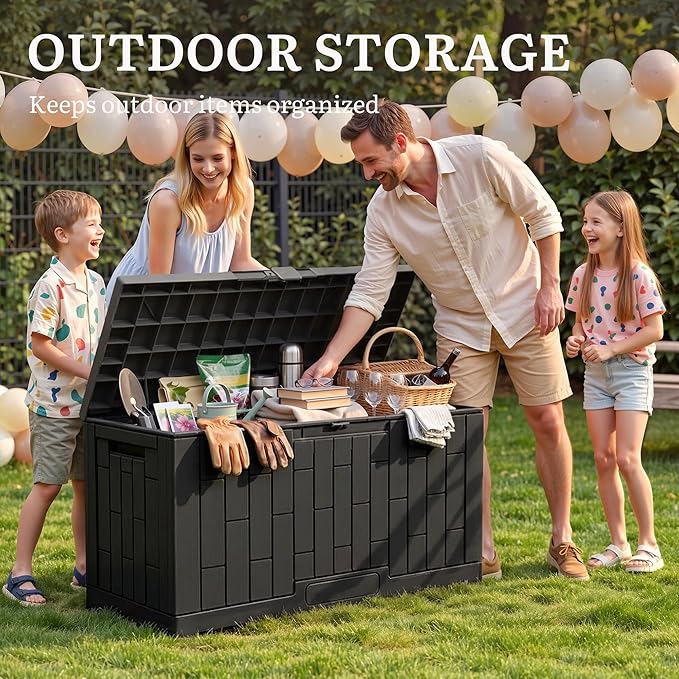 YITAHOME 60 Gallon Resin Deck Box, Weather Resistant Outdoor Rattan Storage Box with Slide-Locking Lid, Lockable Indoor Outdoor Storage for Supplies and Essentials, Black