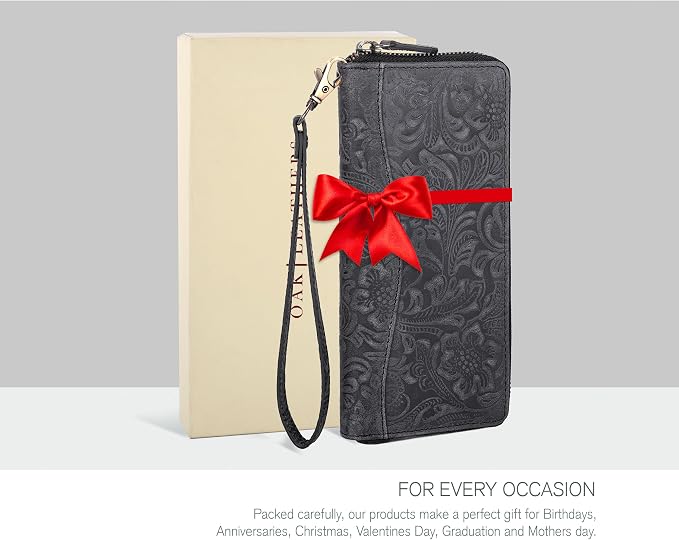 Oak Leathers Leather Wallet for Women - RFID Womens Wallet Clutch with 8 Credit Card Holder, Coin Pocket, Gift for Women’s, Ladies Purse (Hunter Embossed Black)
