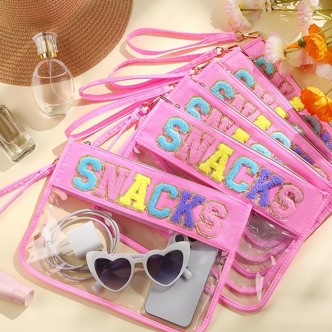 Abbylike 12 Pcs Snack Bags Clear Chenille Letter Snacks Zipper Pouch Waterproof PVC Large Travel Makeup Cosmetic Storage Organizer Bag for Mom Team Cheerleaders Teacher (Pink)