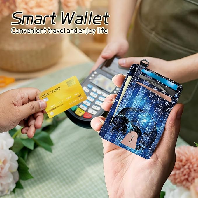 Small Travel Wallets, Blue Skull Flag Slim Minimalist Front Pocket Wallet with Wristlet, RFID Blocking PU Leather Credit Card Holder with ID Window Change Purse for Men Women