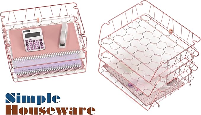 Simple Houseware Stackable Wide Entry Desk File Document Letter Tray with Liner, Wire Grid, 3 Packs, Rose Gold