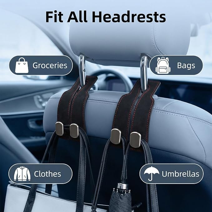 Car Purse Hook, Car Seat Back Storage Hook, Car Seat Hooks for Headrest, Car Hooks for Purses and Bags Cute (Black-2 Pack)