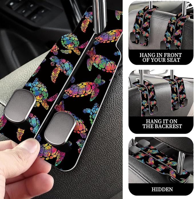 PU Leather Car Seat Hook, Storage Headrest Hanger, Cute Car Backseat Organizer, Car Hooks For Purses and Bags Rainbow Sea Turtles