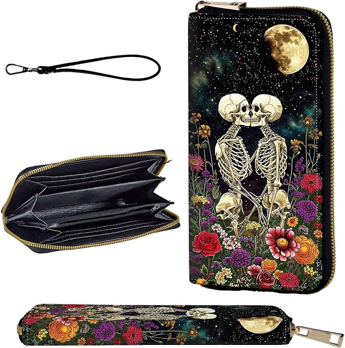 Wallet,Leather Long Wallet Suitable For Ladies And Teenagers - Detachable Wristband + RFID Travel Wallet With Card Slot - Skeleton Floral