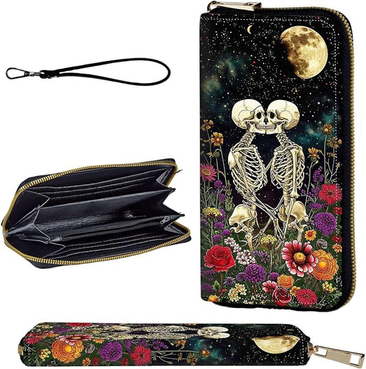 Wallet,Leather Long Wallet Suitable For Ladies And Teenagers - Detachable Wristband + RFID Travel Wallet With Card Slot - Skeleton Floral