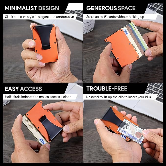 Slim Wallet for Men,RFID Blocking Minimalist Metal Wallet, Money Clip/Cash Holder, Front Pocket Aluminum Credit Card Holder, Ideal Gift for Men,Matte Orange