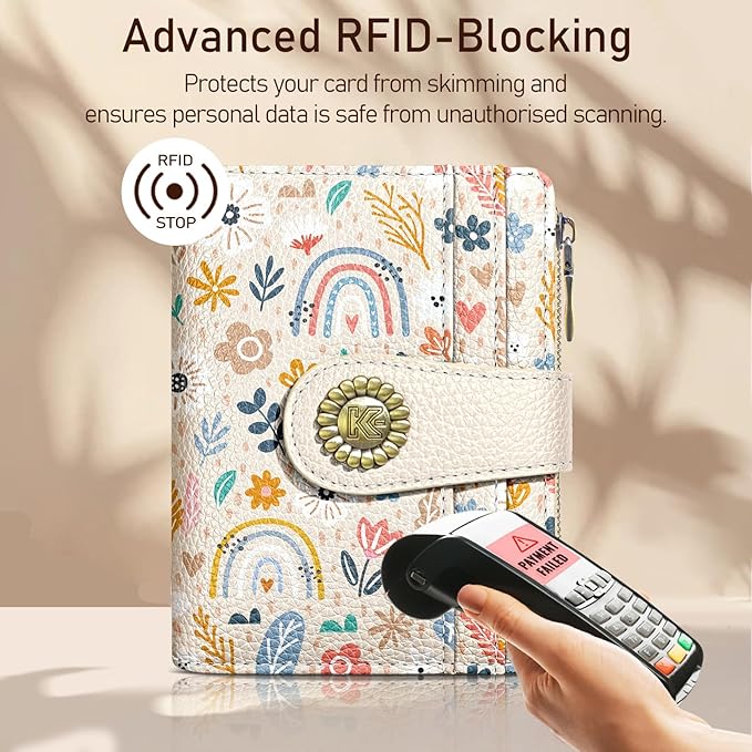 Kelvoris Rainbow Flower Floral Small Rfid Women Wallet Bifold Zipper Coin Pocket PU Leather Compact Cash Credit Card Holder Travel Wallet for Female Ladies Teen Girls 1 ID Window 10 Card Slots