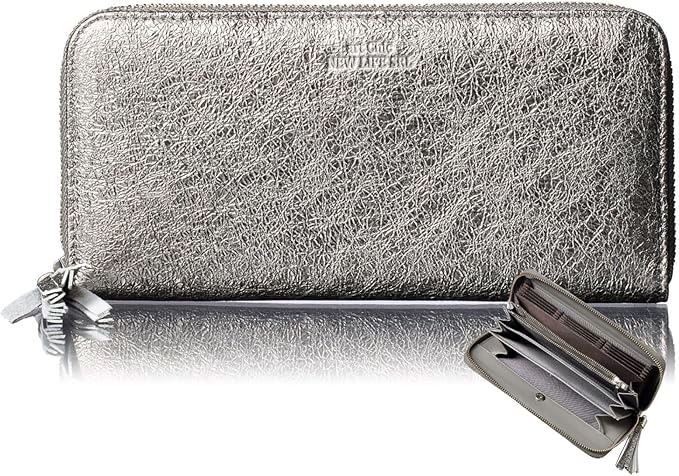 VOICE Align type Long wallet Leather made by NEW LIFE in Italy Cowhide ART.Chic Women's Elegant and easy to use Vertical card case In gift box (Silver)