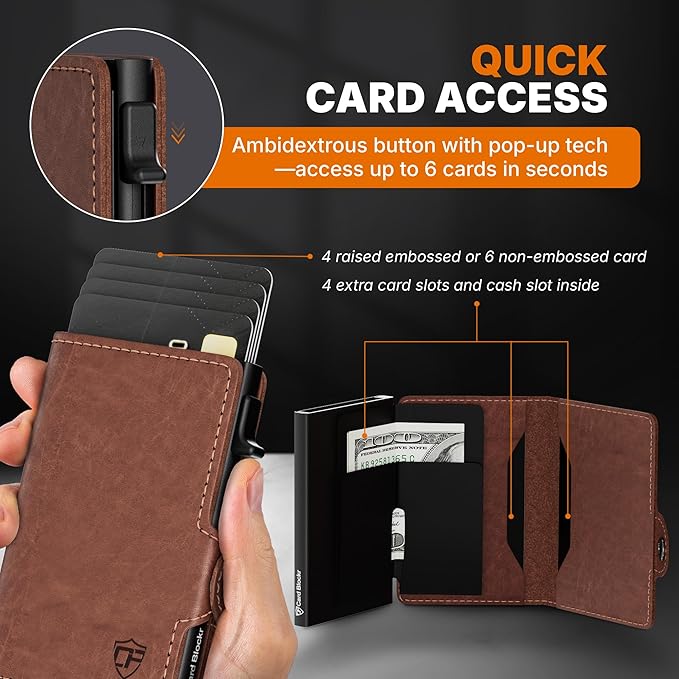Conceal Plus Card Blocr Pop Up Wallet for Men - Slim Metal RFID Blocking Card Holder (4-6 Cards Ejector) - Minimalist Smart Front Pocket Wallet with Internal Cash + ID Storage