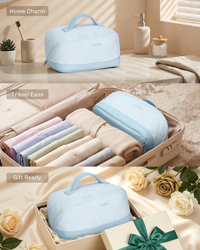 Hynes Eagle Travel Makeup Bag for Women Puffy Cosmetic Organizer Pouch Open Flat Toiletry Bag for Toiletries Brushes Structured Base Light Blue