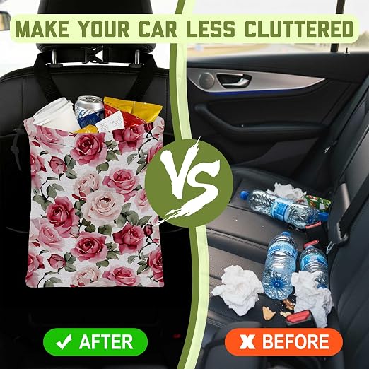 Car Trash Bag Watercolor Pink Roses Hanging Drawstring Car Organizer and Storage Bag with Adjustable Buckle Canvas Garbage Bin for Back Seat or Hanging Headrest Car Decor Road Trip Essentials