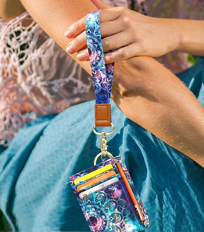 Coco Rossi Slim Front Pocket Wallet RFID ID Card Holder Cute Small Wallet with Wrist Lanyards Key Chain Holder for Women,Lace Nebula