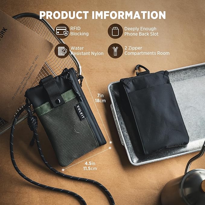 VULKIT RFID Blocking Travel Wallet for Men, Water Resistant Passport & Phone Holder with Detachable Lanyard and Key Ring, Lightweight Zipper Travel Wallet